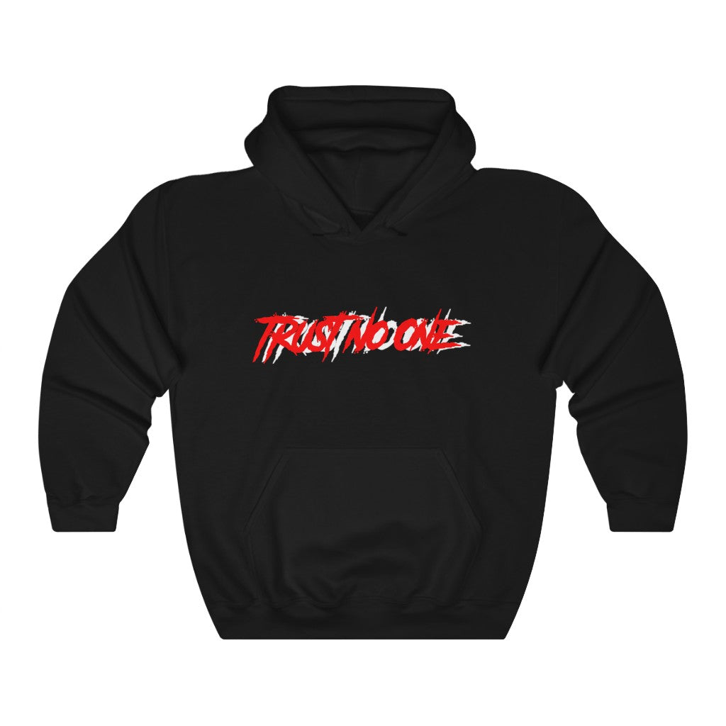 Trust No One White Outline Hooded Sweatshirt, Black