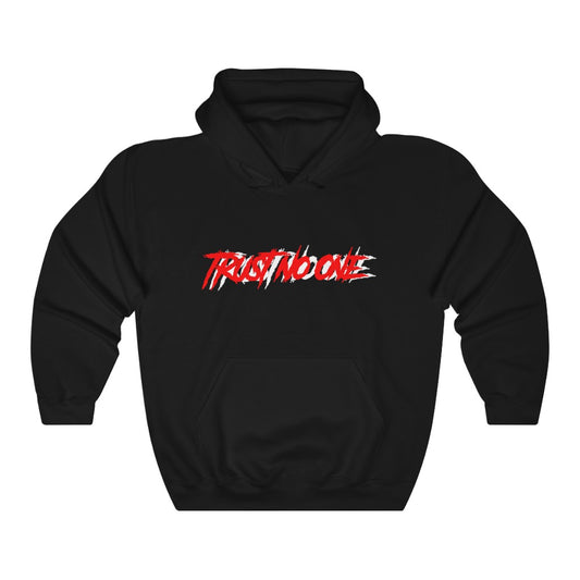 Trust No One White Outline Hooded Sweatshirt, Black